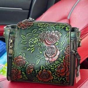 Green Floral Embossed Leather Crossbody Bag